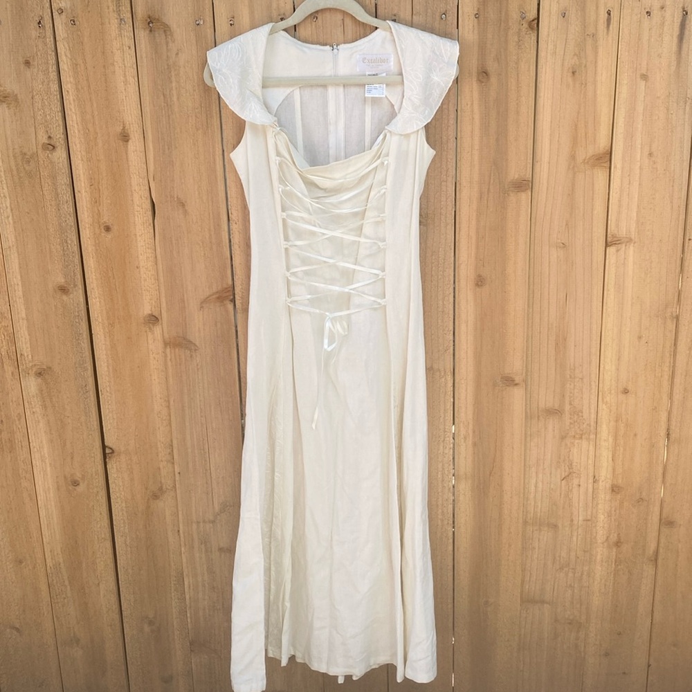 Women Ivory Milkmaid Linen Dress Small Corset Waist Embroider RenFaire Edwardian